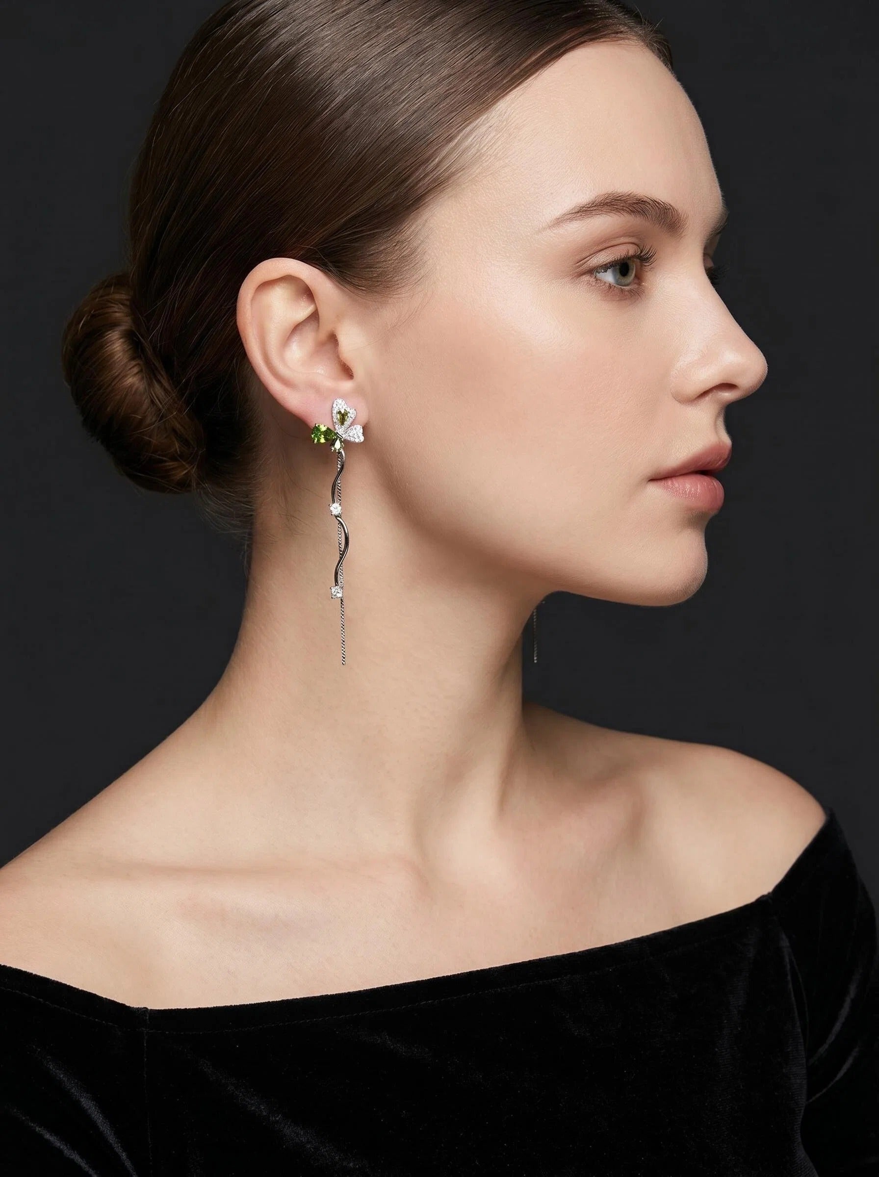 Gold & Silver Green Butterfly Vine Long Drop Earrings with Crystal Tassel Statement Design