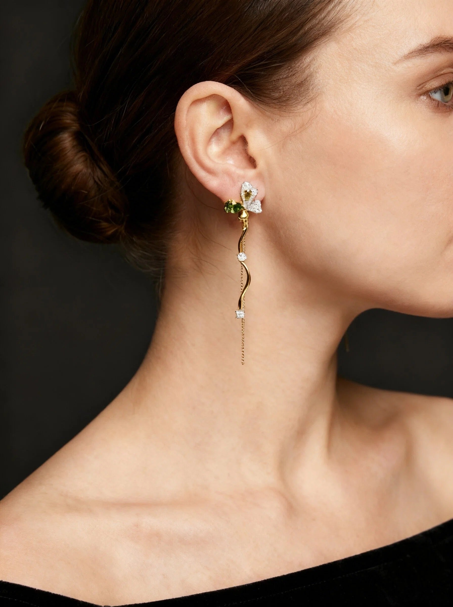 Gold & Silver Green Butterfly Vine Long Drop Earrings with Crystal Tassel Statement Design