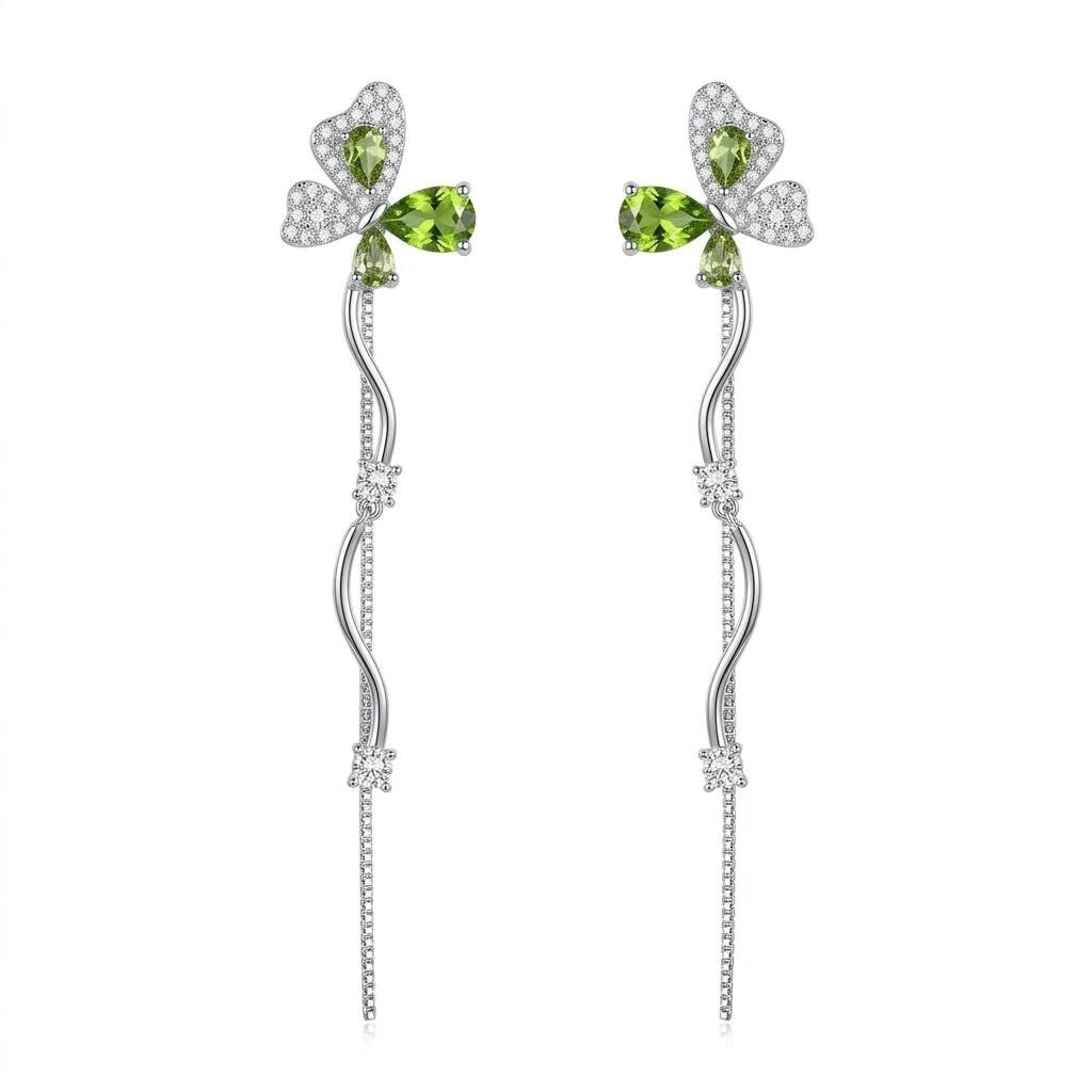 Gold & Silver Green Butterfly Vine Long Drop Earrings with Crystal Tassel Statement Design