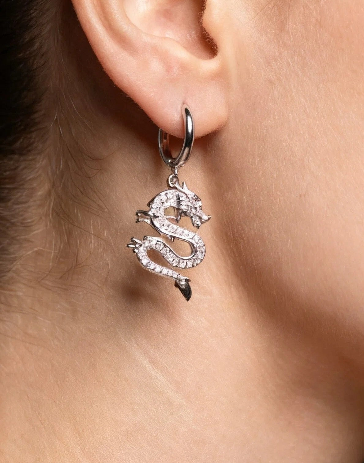 Gold & Silver Chinese Dragon Crystal Drop Earrings with Pavé Zircon Statement Charm Design