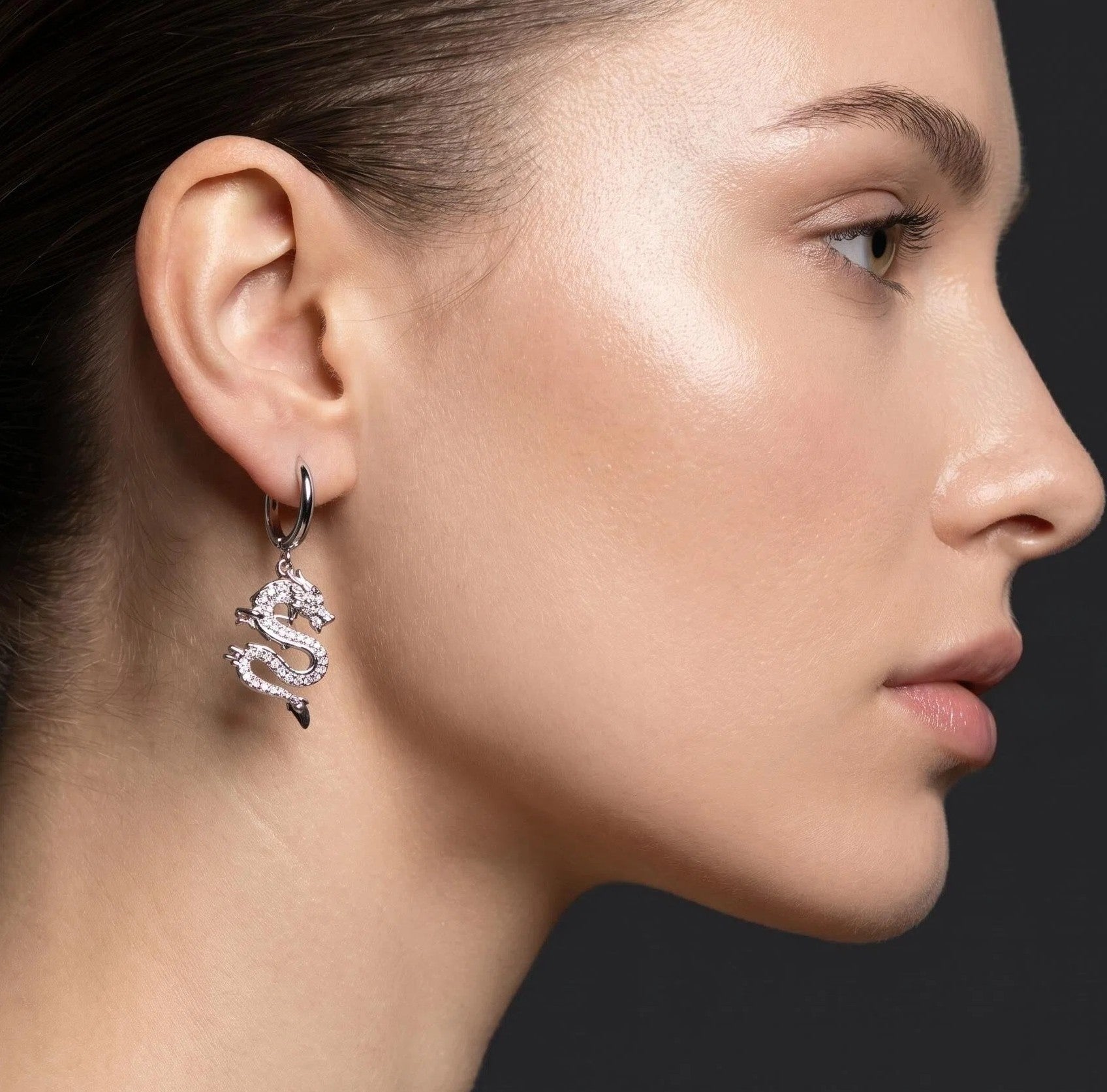 Gold & Silver Chinese Dragon Crystal Drop Earrings with Pavé Zircon Statement Charm Design