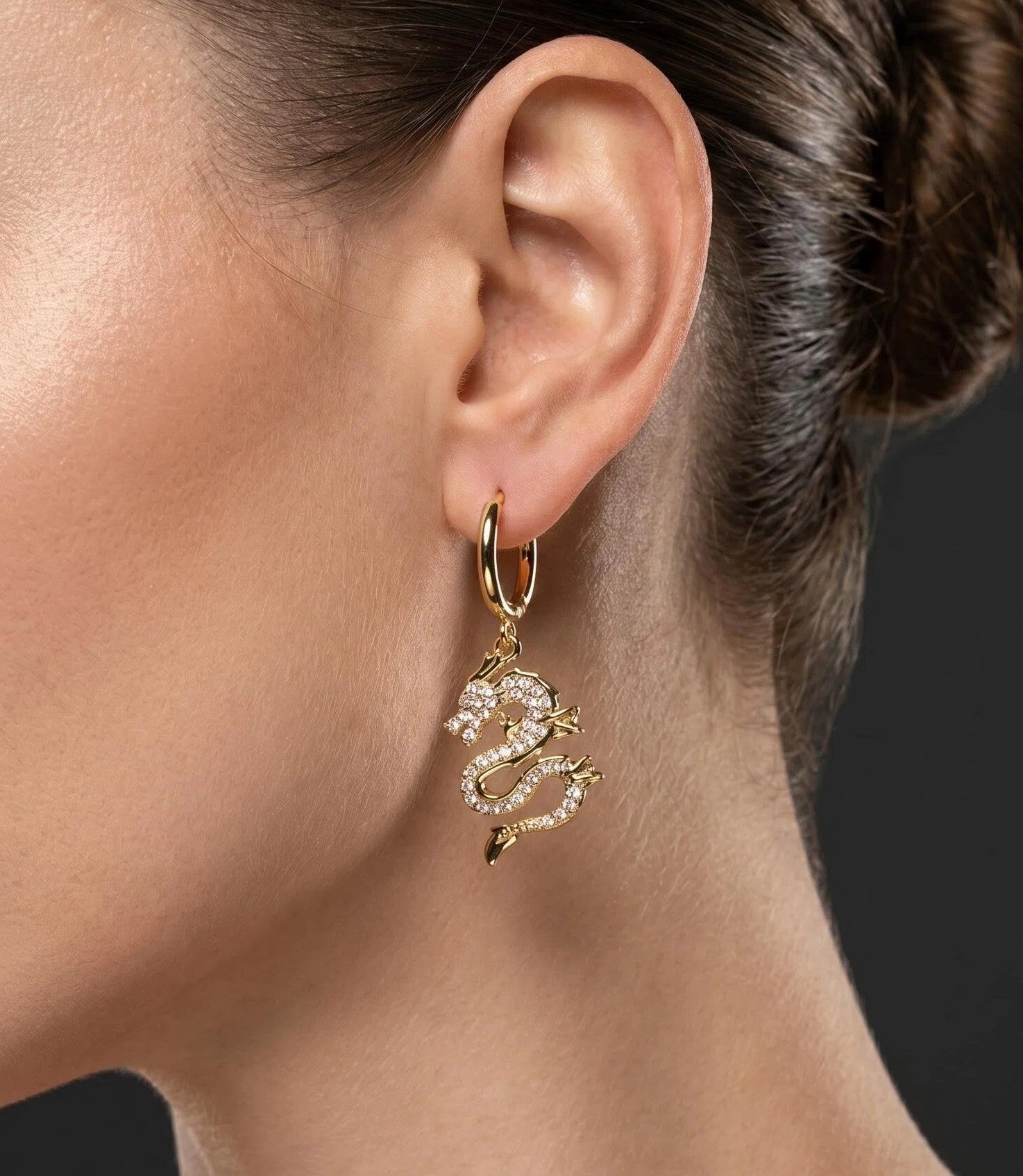 Gold & Silver Chinese Dragon Crystal Drop Earrings with Pavé Zircon Statement Charm Design