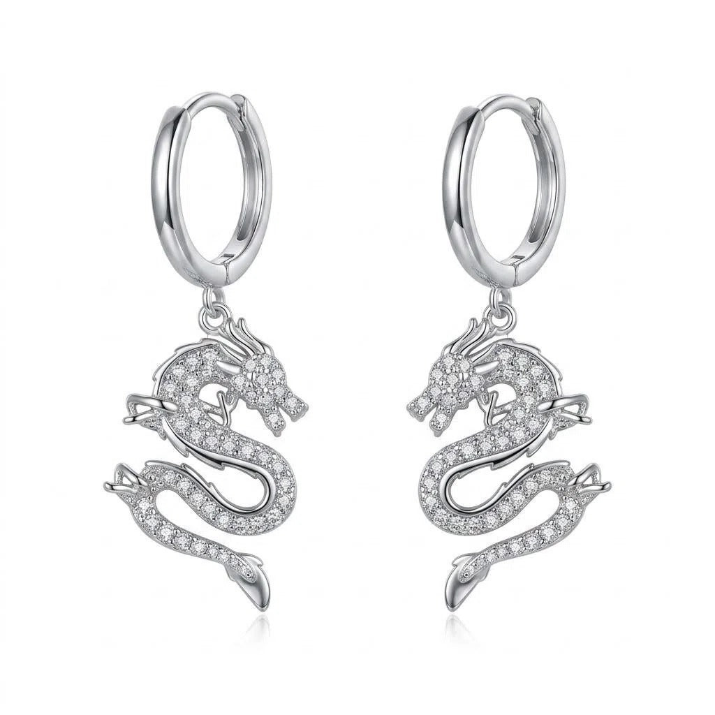 Gold & Silver Chinese Dragon Crystal Drop Earrings with Pavé Zircon Statement Charm Design
