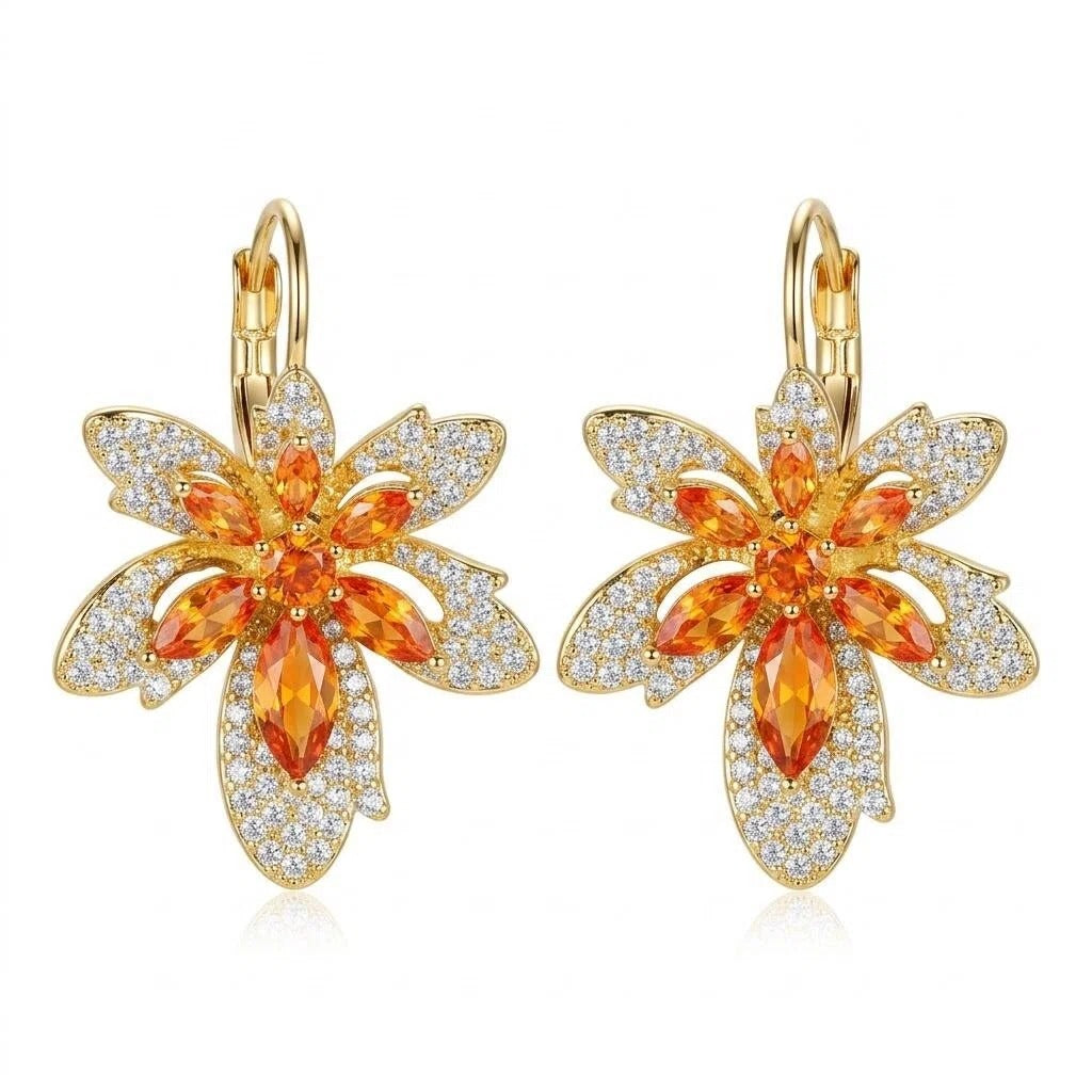 Golden Amber Maple Leaf Crystal Hoop Earrings with Orange Zircon Accents