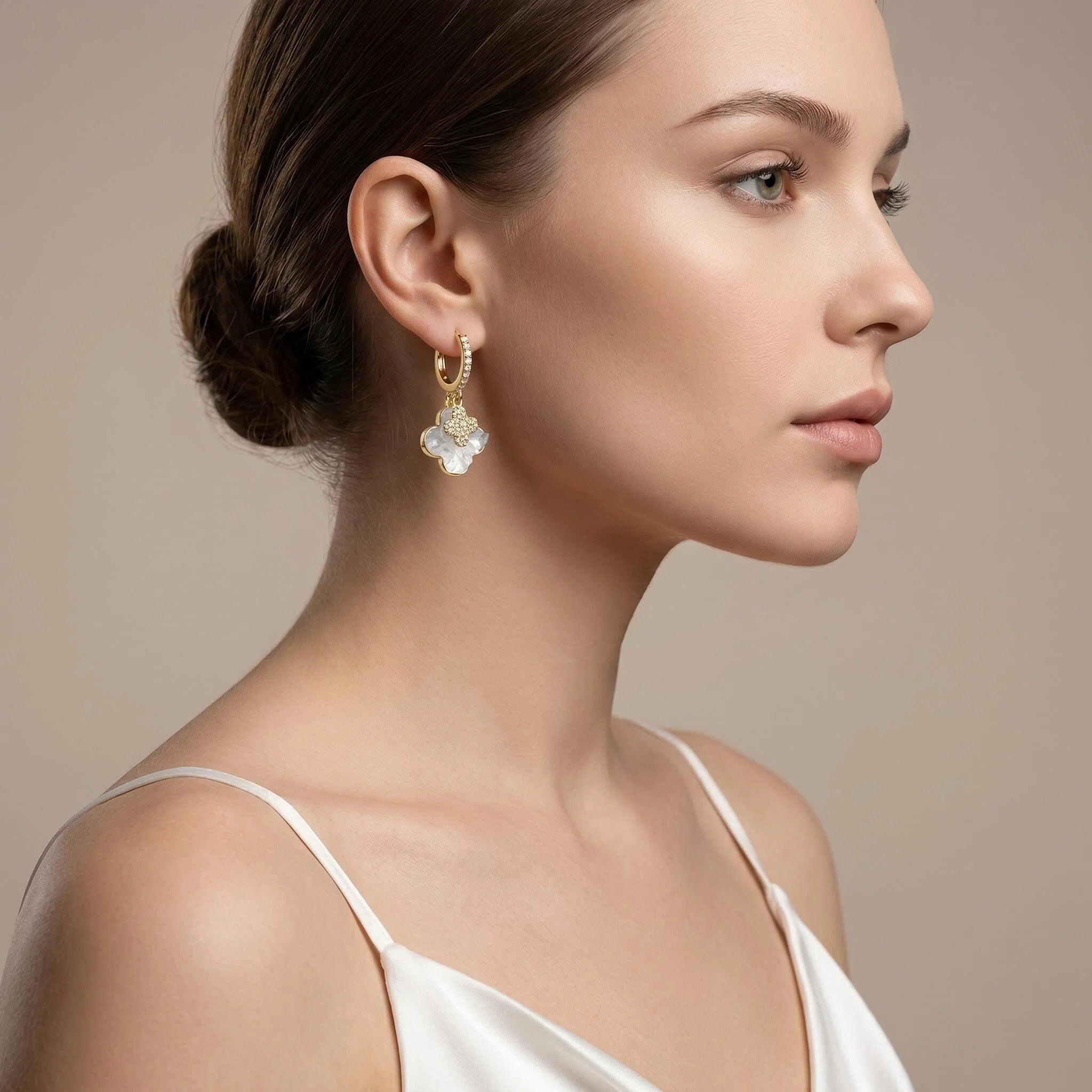 Gold Crystal Butterfly & Clover Charm Drop Earrings with Pavé Zircon Accents