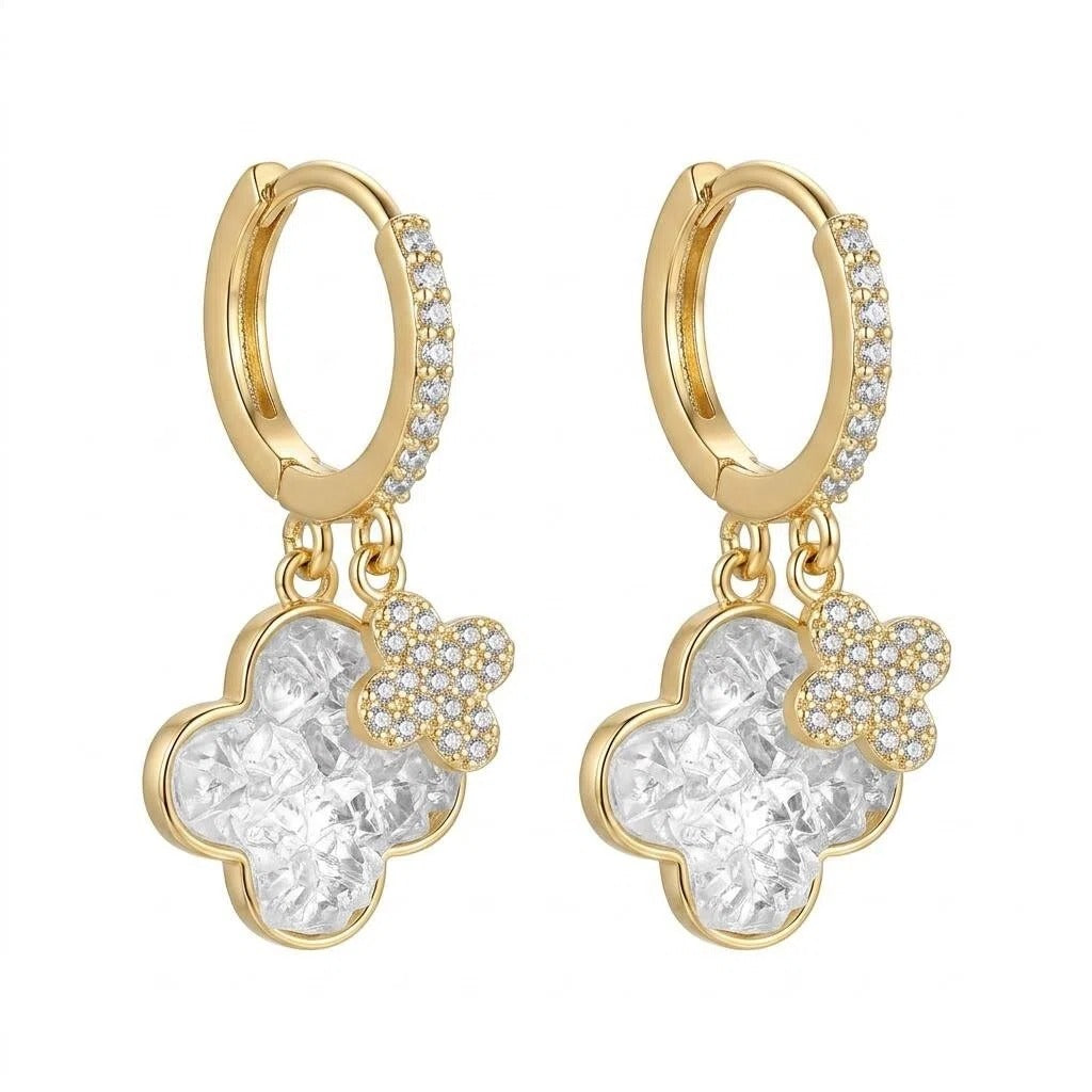 Gold Crystal Butterfly & Clover Charm Drop Earrings with Pavé Zircon Accents